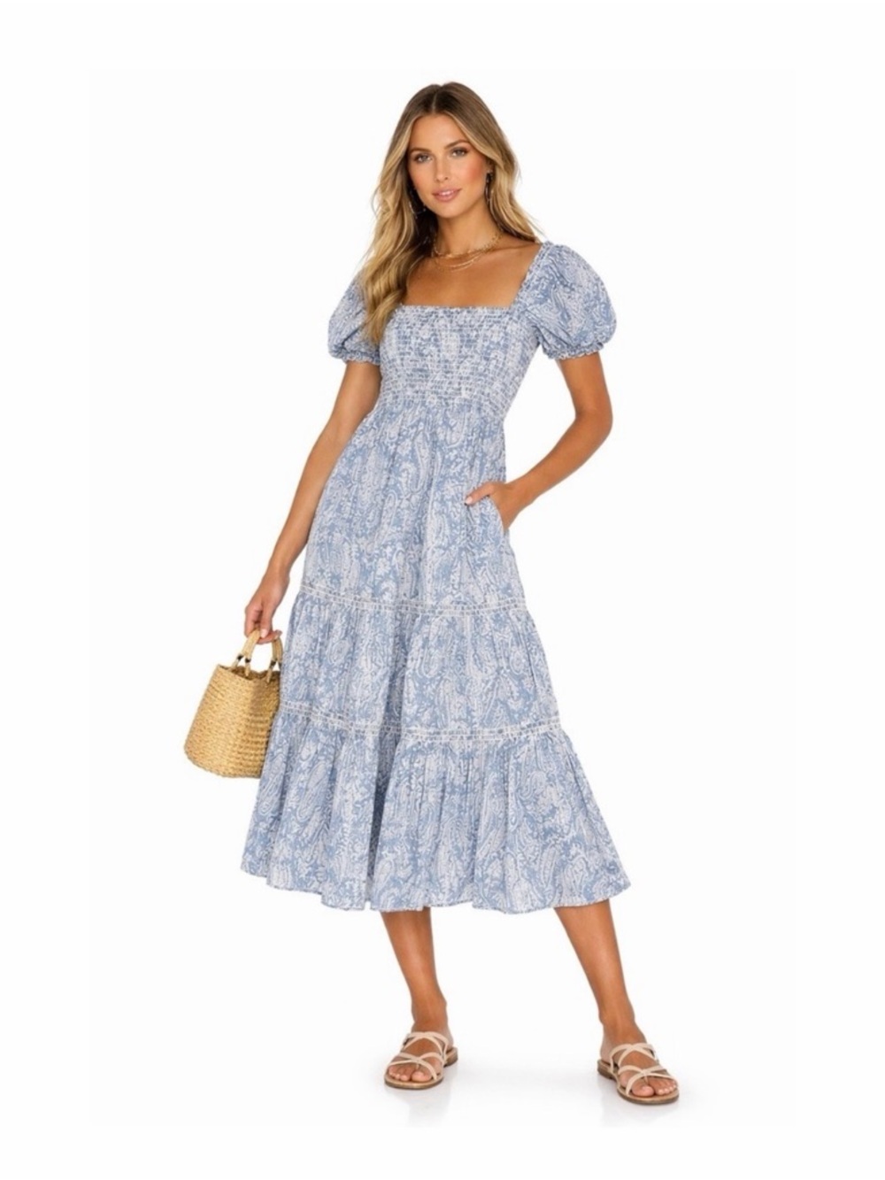 OPT Women's Smocked Midi Dress Paisley Tiered Blue White‎ Summer Cotton S